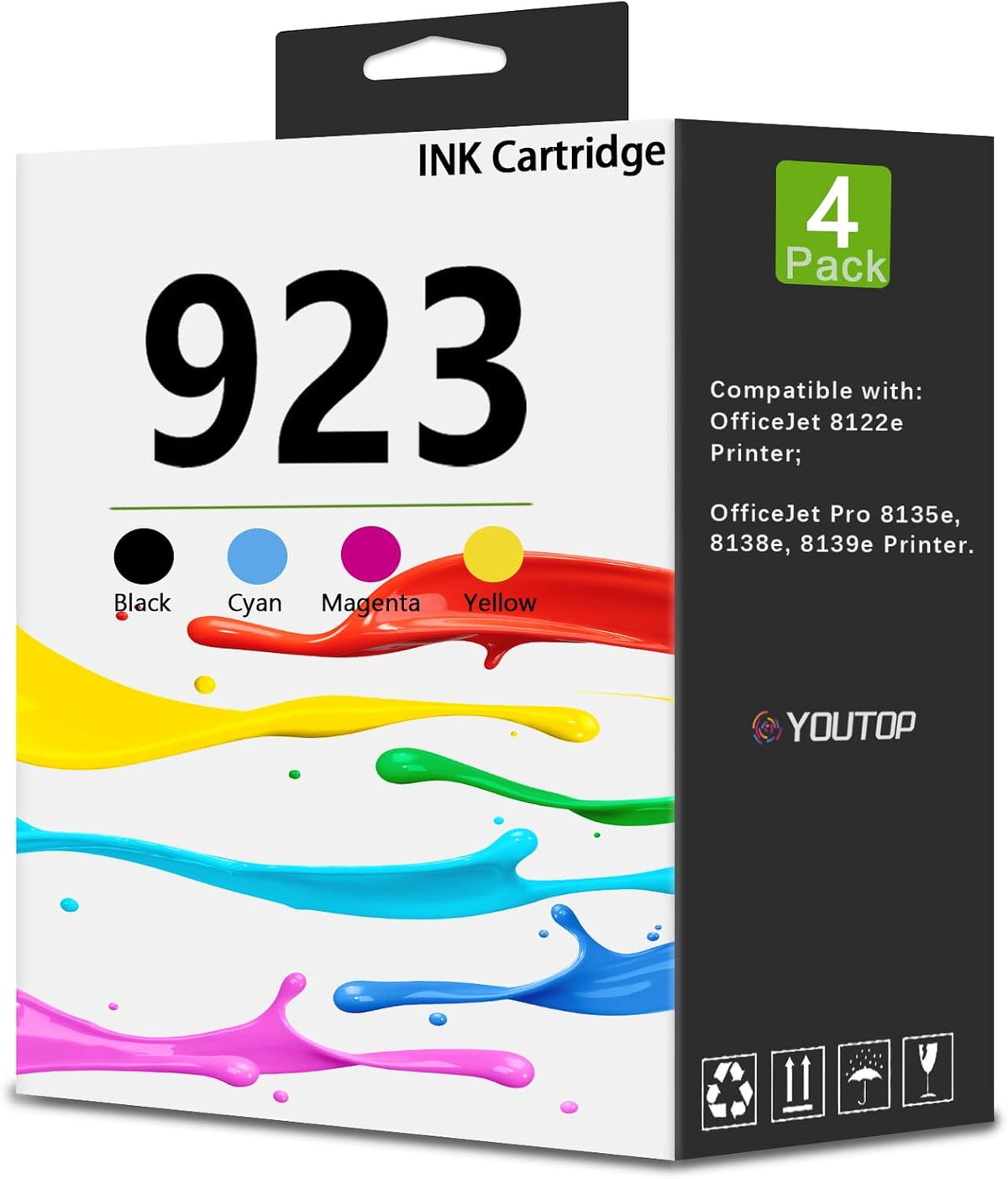 923 Ink Cartridge Black, Cyan, Magenta, Yellow High Cartridges | Works OfficeJet 8122e OfficeJet Pro 8135e 8138e 8139e Printer|Eligible for Instant Ink | 6C3Y6LN|4-Pack