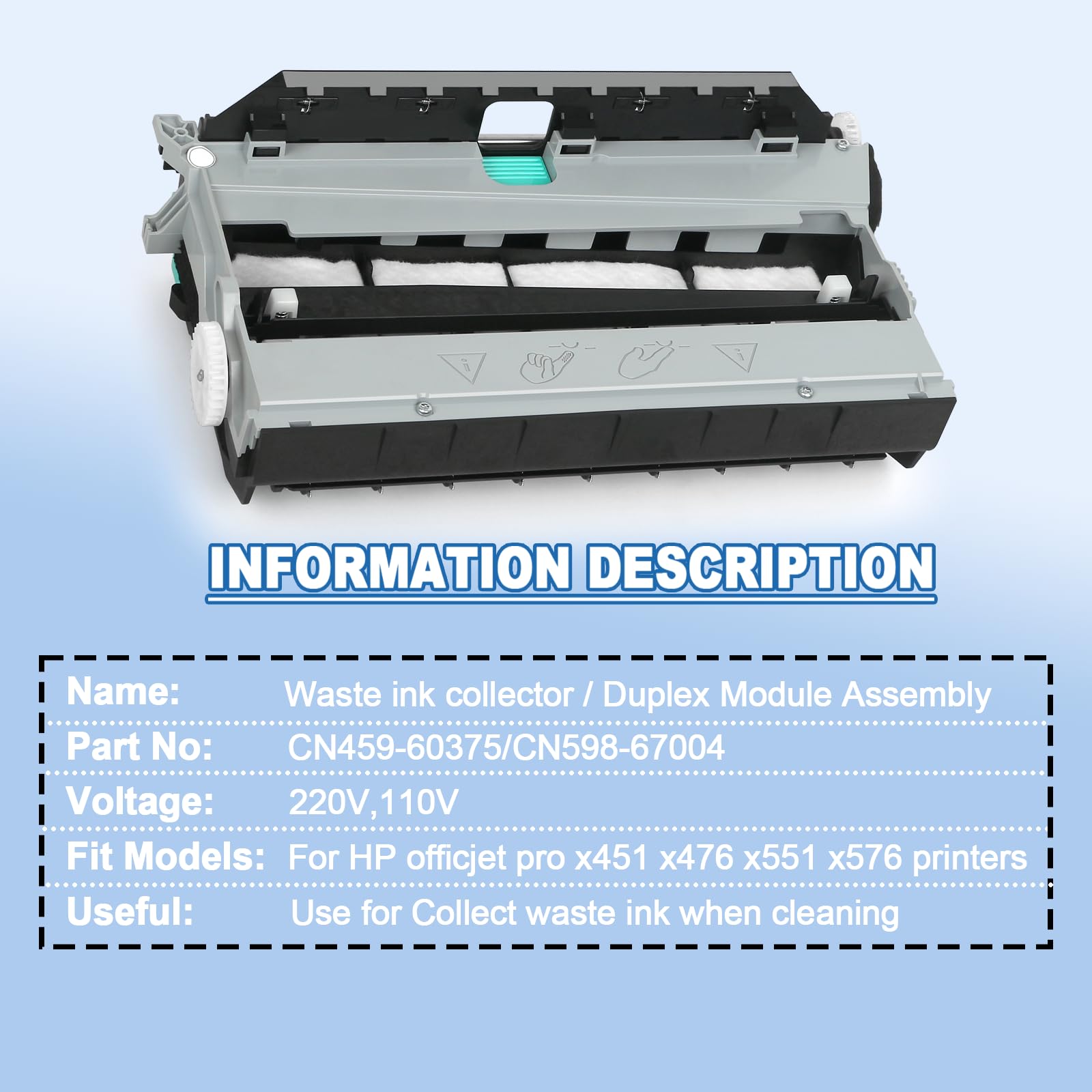 CN459-60375 CN598-67004 Duplex Module Assembly Compatible for HP OfficeJet X451 X452 X551 X476 X477 X552 X576 973 974 Printers Waste Ink Collection Printer Maintenance Unit