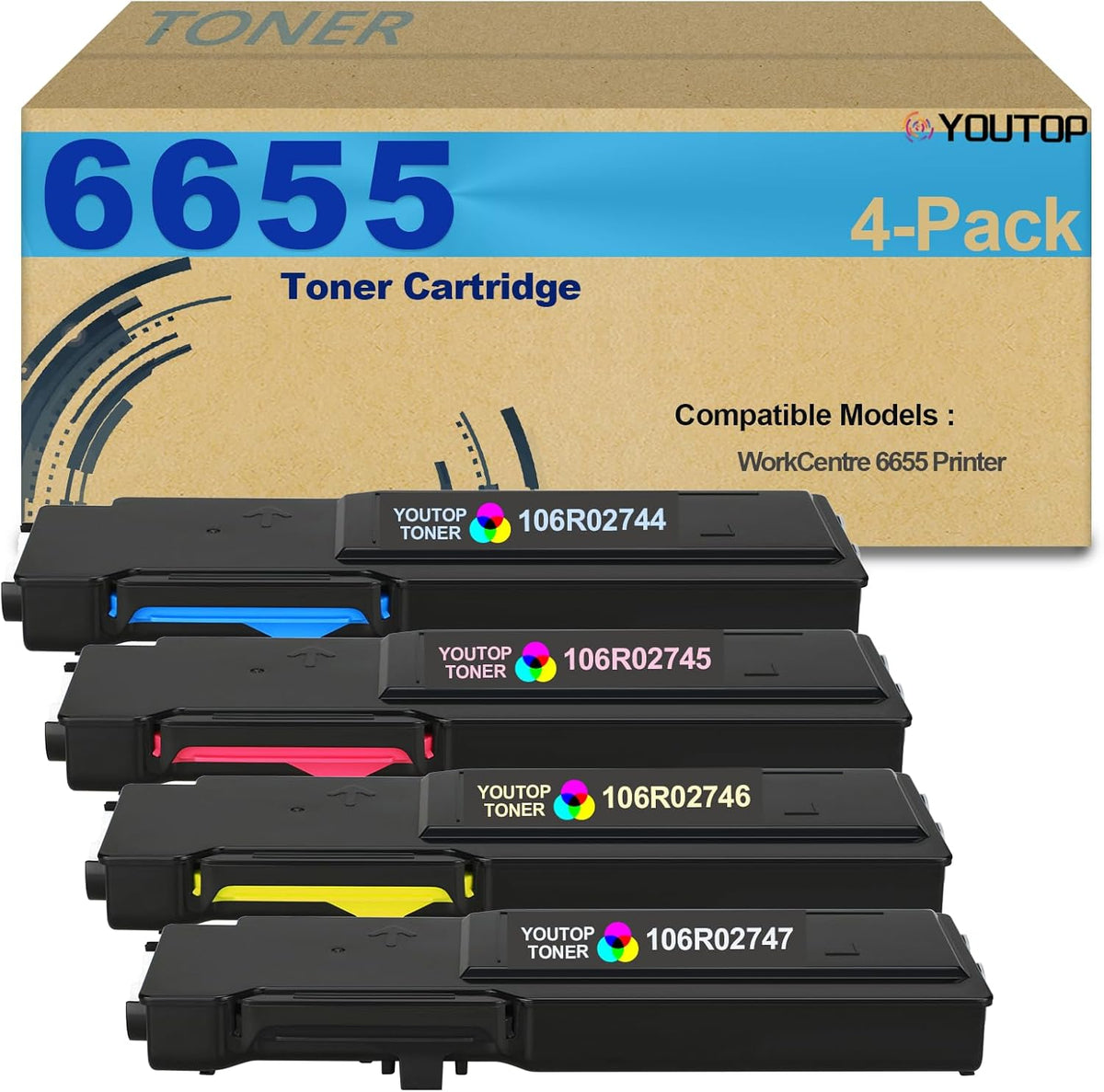 YOUTOP 4PK 6655 Toner Cartridge High Yield 106R02744 106R02745 106R02746 106R02747 Toner Cartridge Replacement for Xerox WorkCentre 6655 Printer