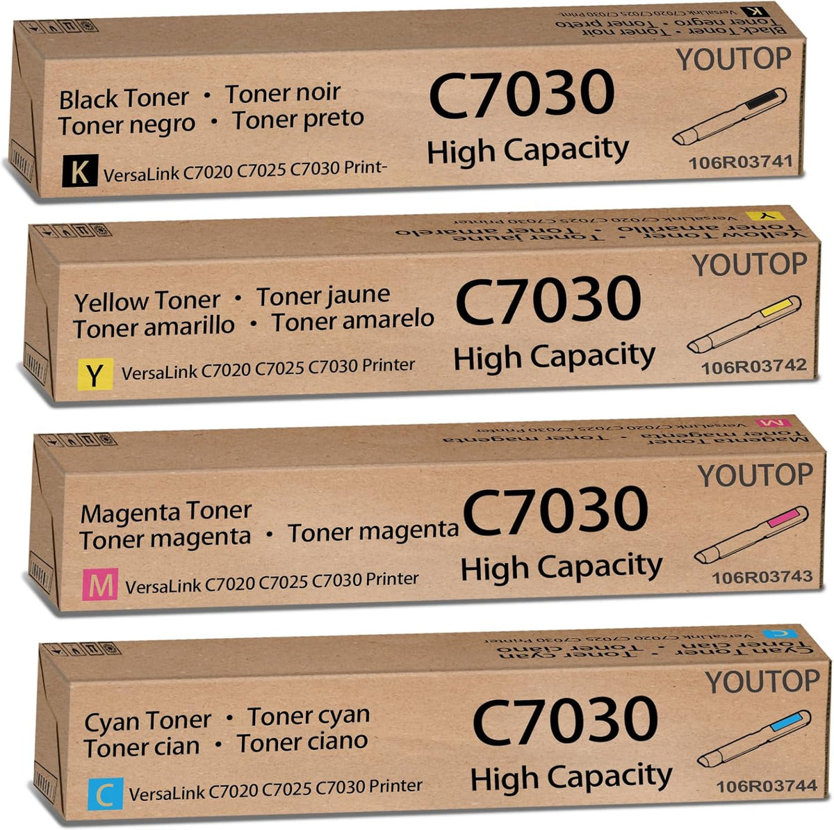 YOUTOP 4PK High Yield C7020 C7025 C7030 Toner Cartridge (106R03741 106R03742 106R03743 106R03744) Replacement for Xerox VersaLink C7020 C7025 C7030 Printer