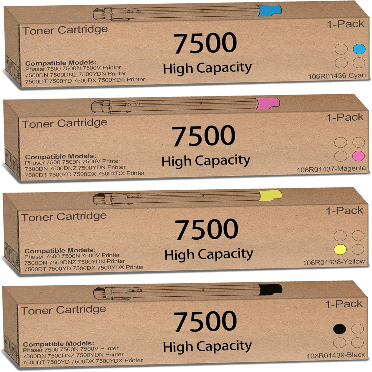 High Yield 7500 Toner Cartridge Compatible 106R01439 106R01436 106R01437 106R01438 Toner Cartridge Replacement for Xerox Phaser 7500 7500DN 7500DNZ 7500DT 7500DX 7500N Printer |4-Pack