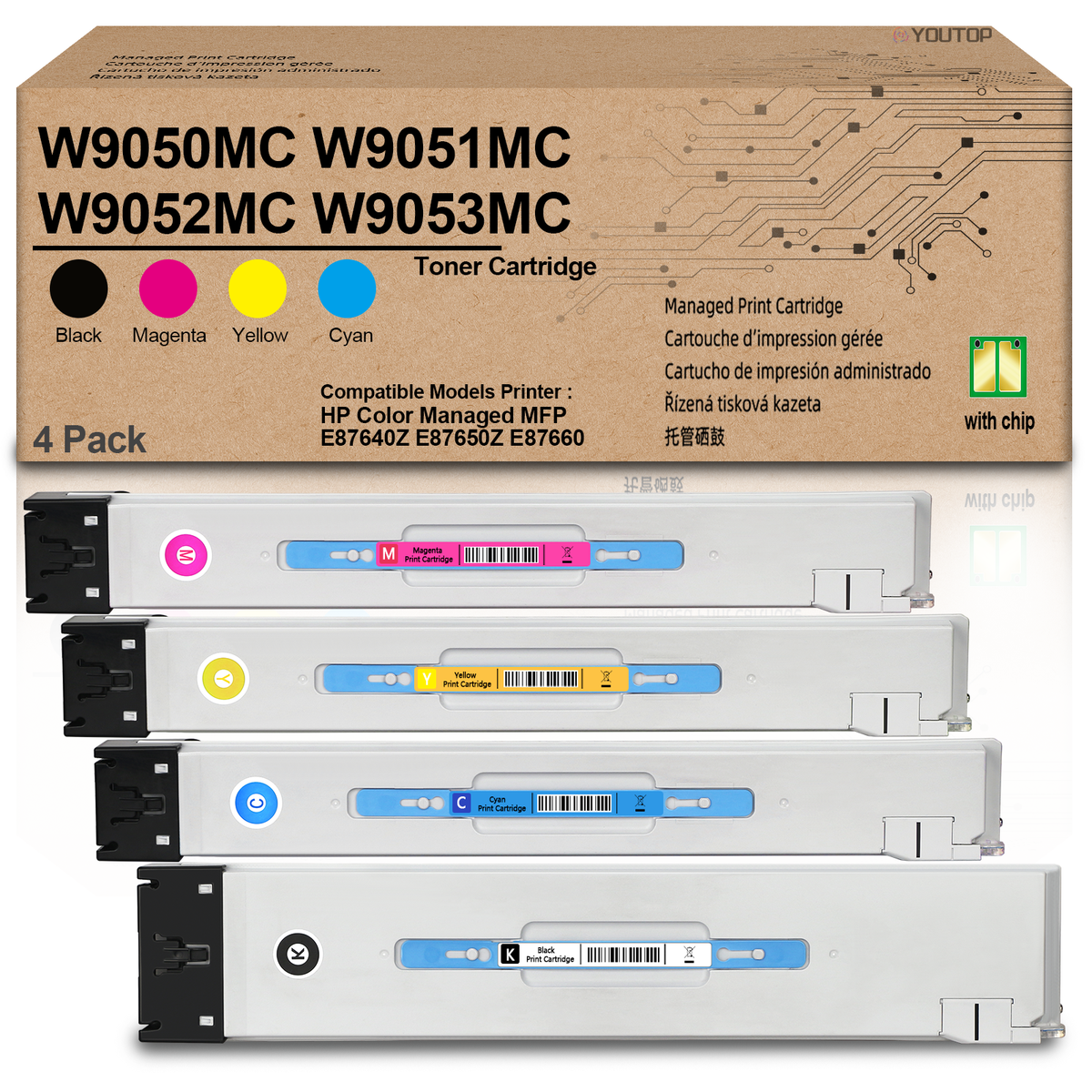 YOUTOP 4PK Toner Cartridge for W9050MC W9051MC W9052MC W9053MC Compatible for HP Color Managed MFP E87640Z E87650Z E87660 Printer BK:54500pages Color: 52000 Pages