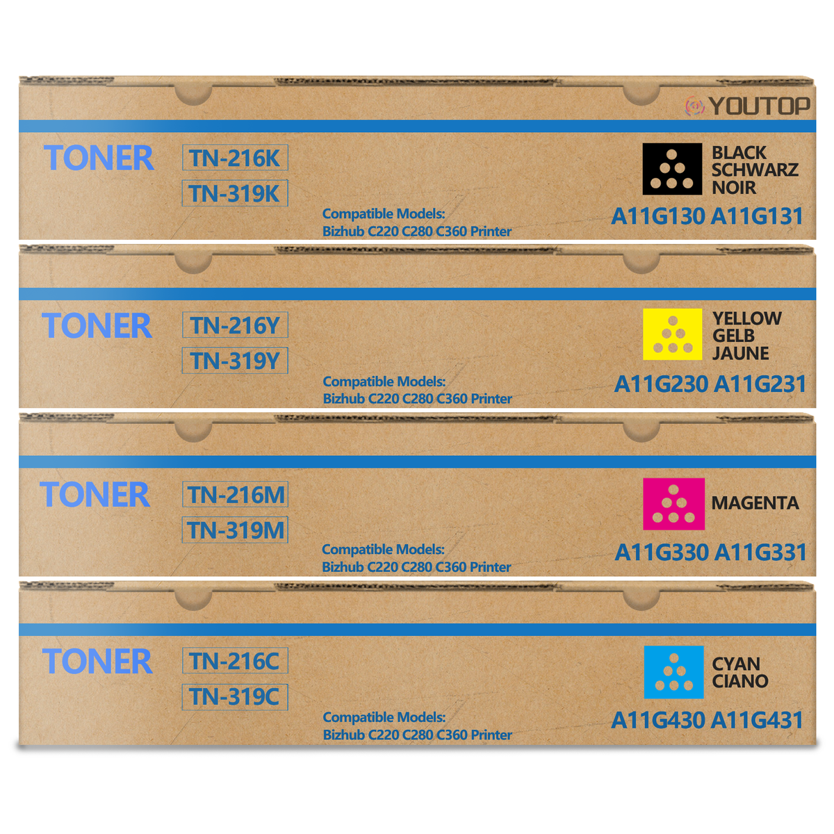 4PK TN-216 TN-319 TN216 TN319 Toner Cartridge Compatible for Konica Minolta Bizhub C220 C280 C360 Printer