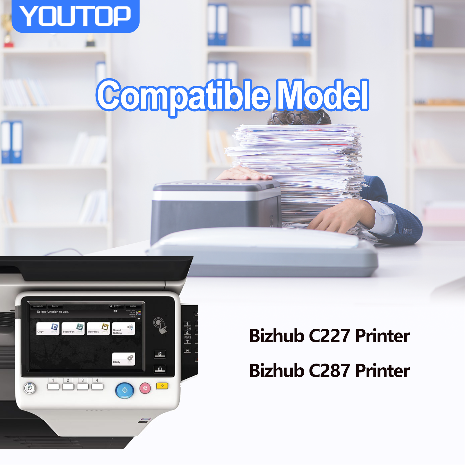 YOUTOP 4PK TN-221 TN221 Toner Cartridge Compatible for Konica Minolta bizhub C227 C287 (A8K3130 A8K3230 A8K3330 A8K3430)