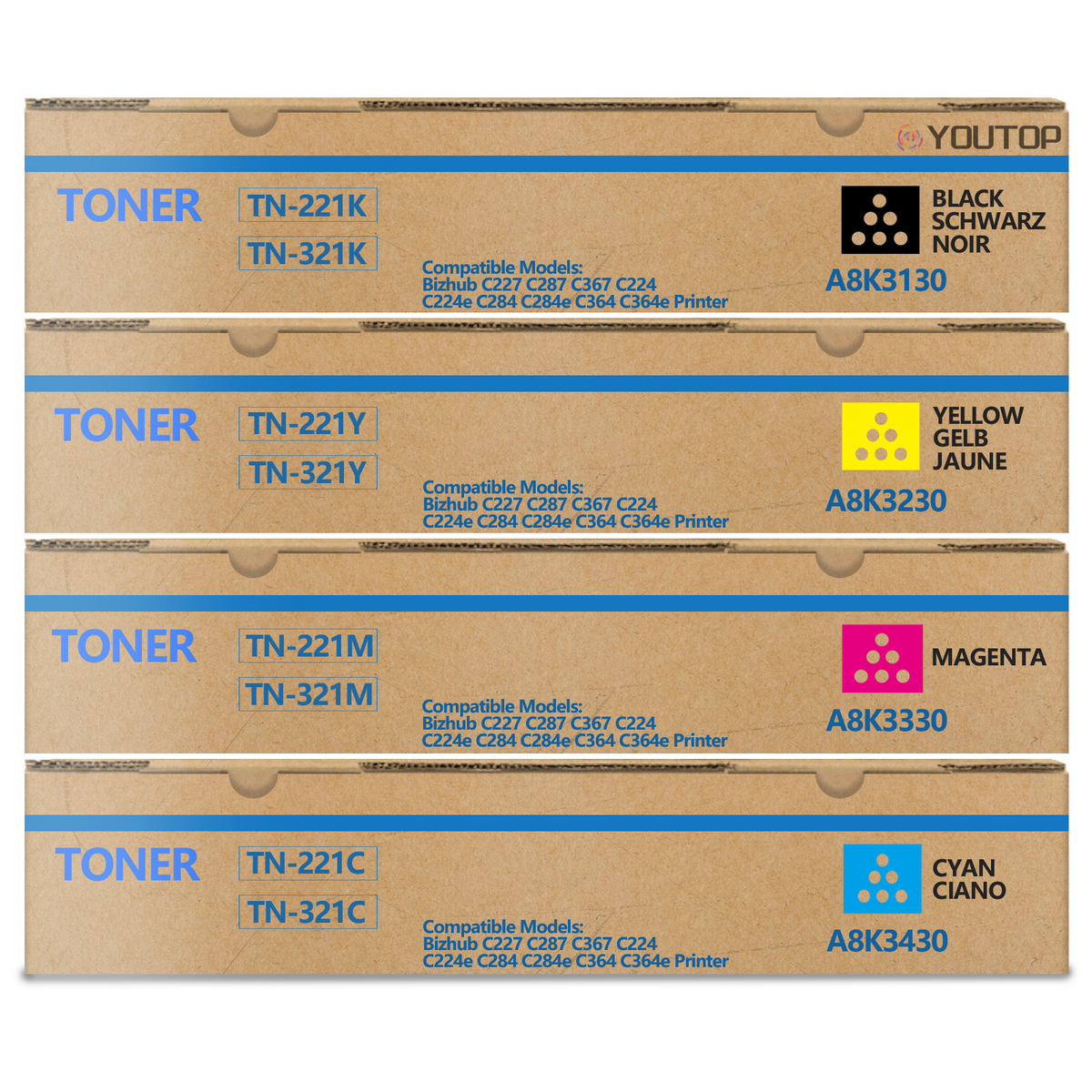 YOUTOP 4PK TN-221 TN221 Toner Cartridge Compatible for Konica Minolta bizhub C227 C287 (A8K3130 A8K3230 A8K3330 A8K3430)