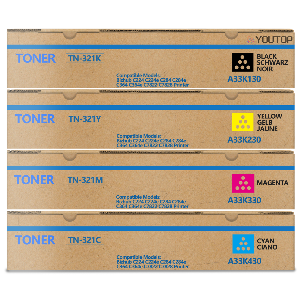 YOUTOP 4PK TN-321 TN321 ( A33K130 A33K430 A33K330 A33K230 ) Toner Cartridge Replacement for Konica Minolta bizhub C224e C364e C284e C224 C284 C364